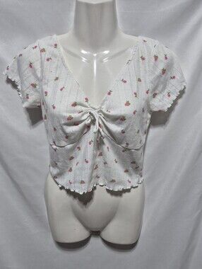 For Love & Lemons Floral Pointelle Ruched Crop Top Small Cottagecore